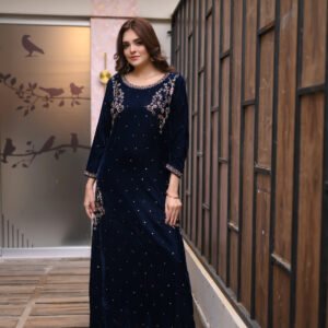 Regal Navy Velvet 3 Pc Ensemble with Gold Embroidery