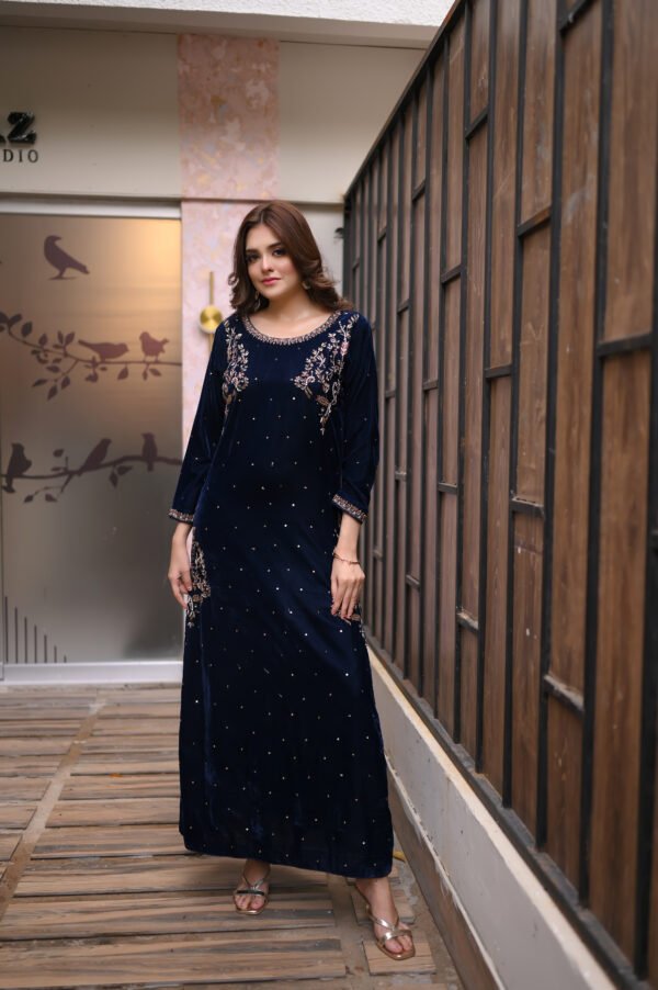 Regal Navy Velvet 3 Pc Ensemble with Gold Embroidery