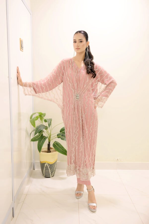 Blush Pink Embellished Net Kaftan with Matching Trousers