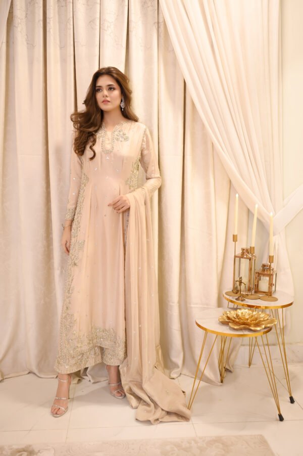 Champagne Gold Hand-Embellished Long Dress with Trousers & Dupatta