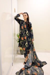 Deep Navy Blue Elegant Floral Ensemble 3 Piece Co-ord Set