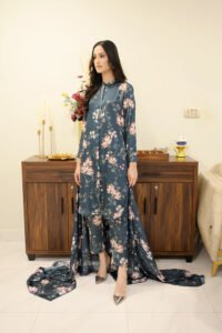 Grey Floral Silk 3-Piece Suit with Georgette Dupatta