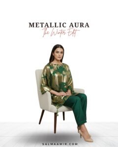 Metallic Forest Poncho Top & Straight Trousers (Emerald/Gold)