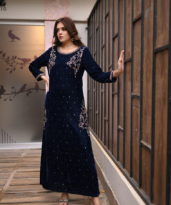 Alternative view of Regal Navy – Velvet Kameez with Gold Embroidery & Dupatta UK