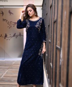 Regal Navy – Velvet Kameez with Gold Embroidery & Dupatta UK