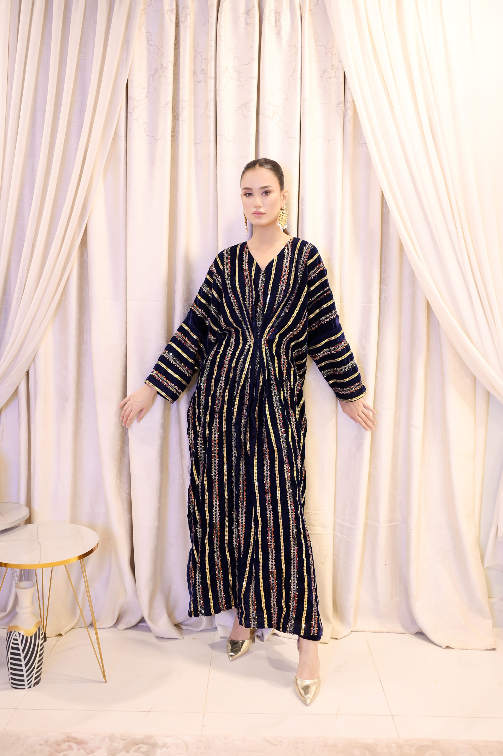 Midnight Stripes – Blue Velvet Stripy Kaftan UK - Image 2