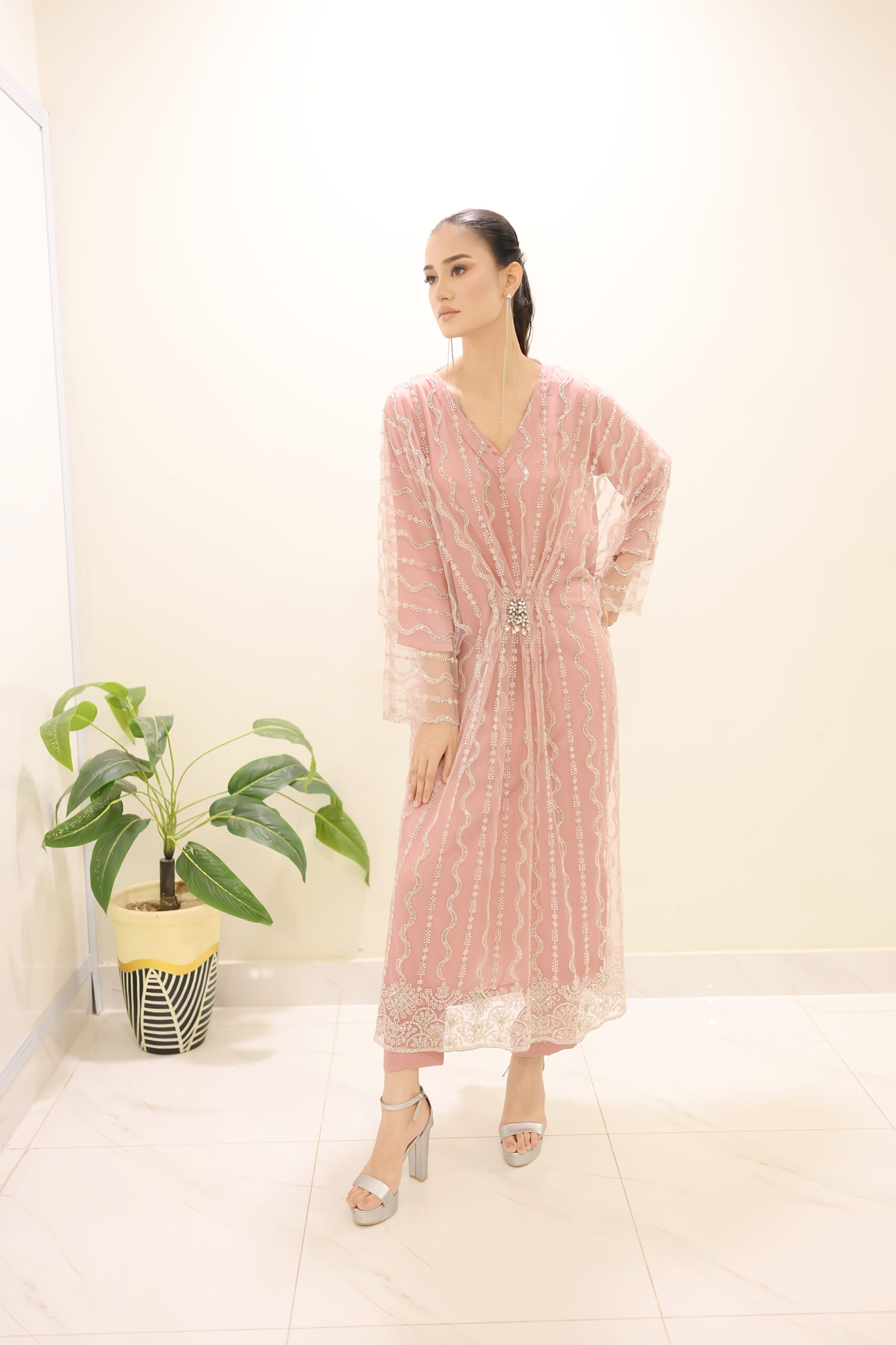 Blush Radiance – Pink Kaftan with Beadwork & Matching Trousers UK - Image 10