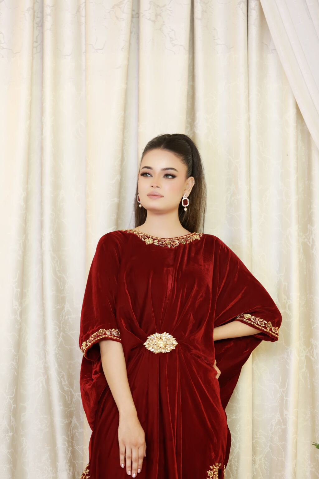 Crimson Luxe – Red Velvet Kaftan with Embroidery UK