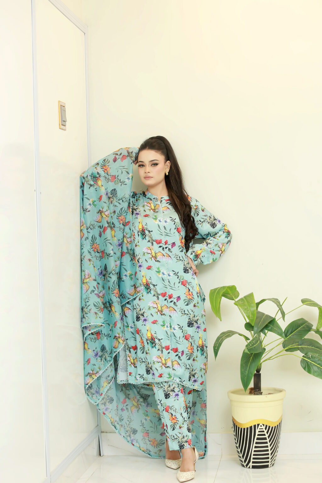 Nature’s Grace – Silk 3-Piece Suit with Floral & Bird Motifs UK